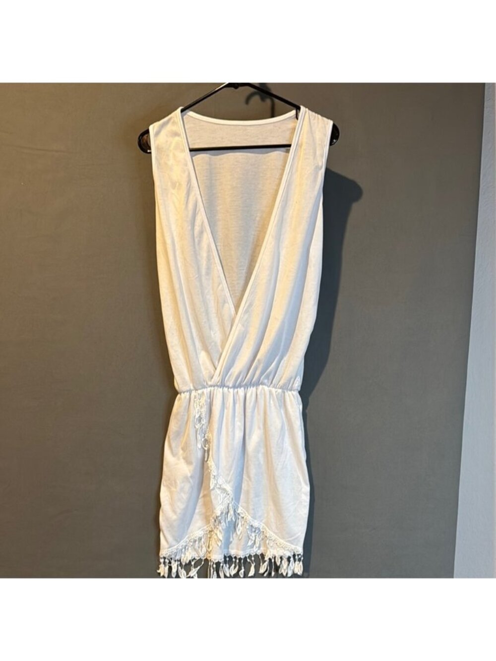 Swim cover-up, extra large White Sleeveless Wrap Dress with Fringe‎
